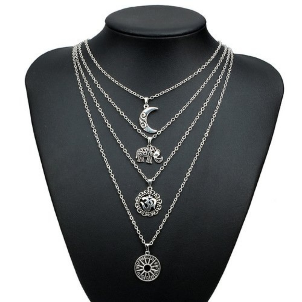 Boho Multi Chain Layer Pendant Necklace Elephant Moon Silver Tone